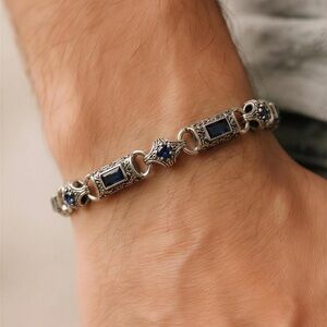 Silver plated Link Bracelet with Blue Gem Accents